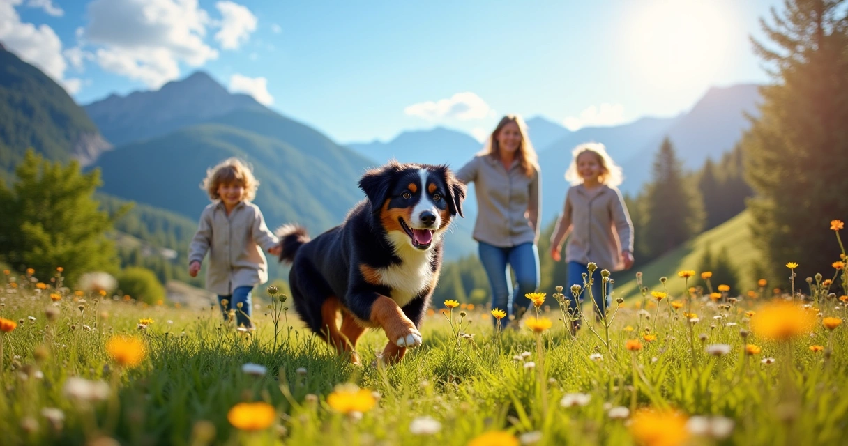 Cena de um cachorro da raça Bernese Mountain Dog brincando com uma família em um campo verde ensolarado.