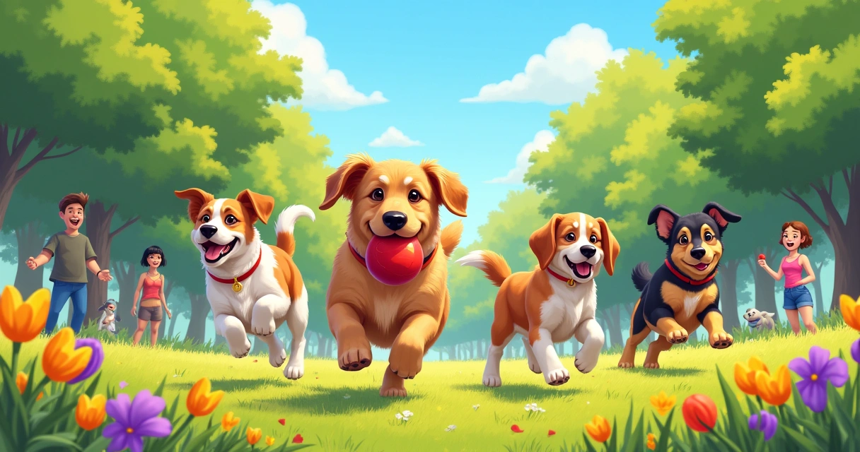 Vários cachorros machos de diferentes raças brincando no parque em um dia ensolarado.