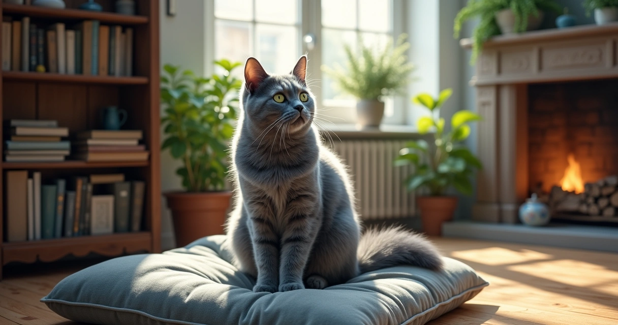 Um Gato Azul Russo elegante em um sofá de veludo, iluminado por luz suave, com uma estante ao fundo.