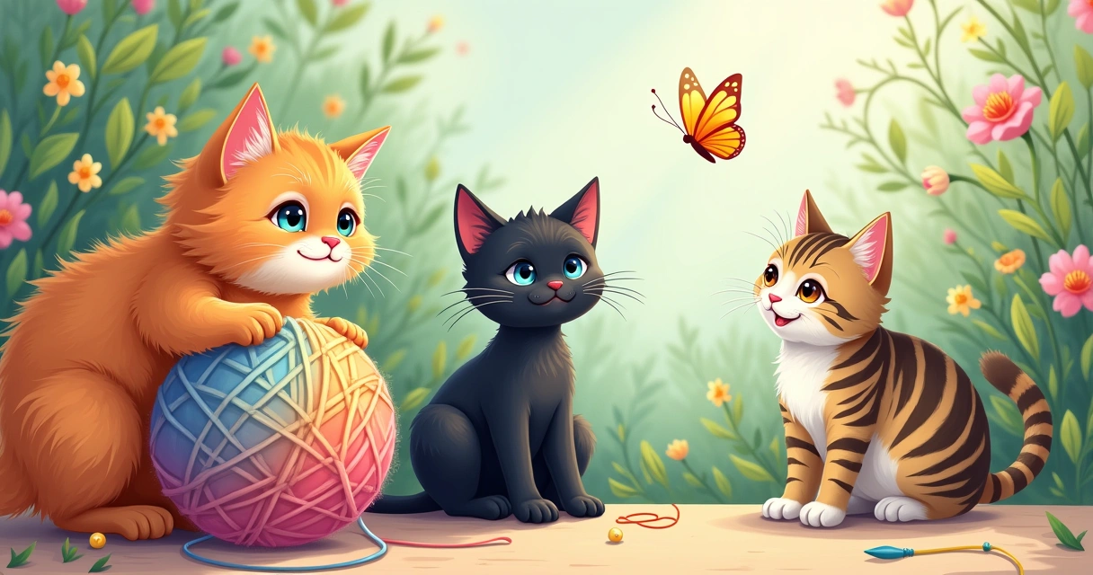 Vários gatos machos em um cenário lúdico, incluindo um Maine Coon, um Siamese e um tabby em um jardim vibrante.