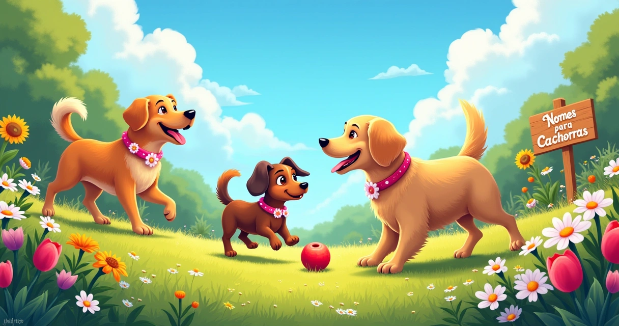 Jardim vibrante com cachorras brincando, incluindo um golden retriever e um dachshund com colar rosa.