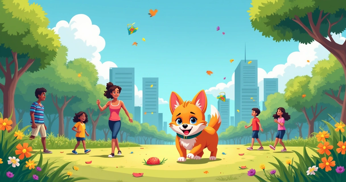 Ilustração de uma cachorra caramelo brincando em um parque urbano brasileiro, em um dia ensolarado.
