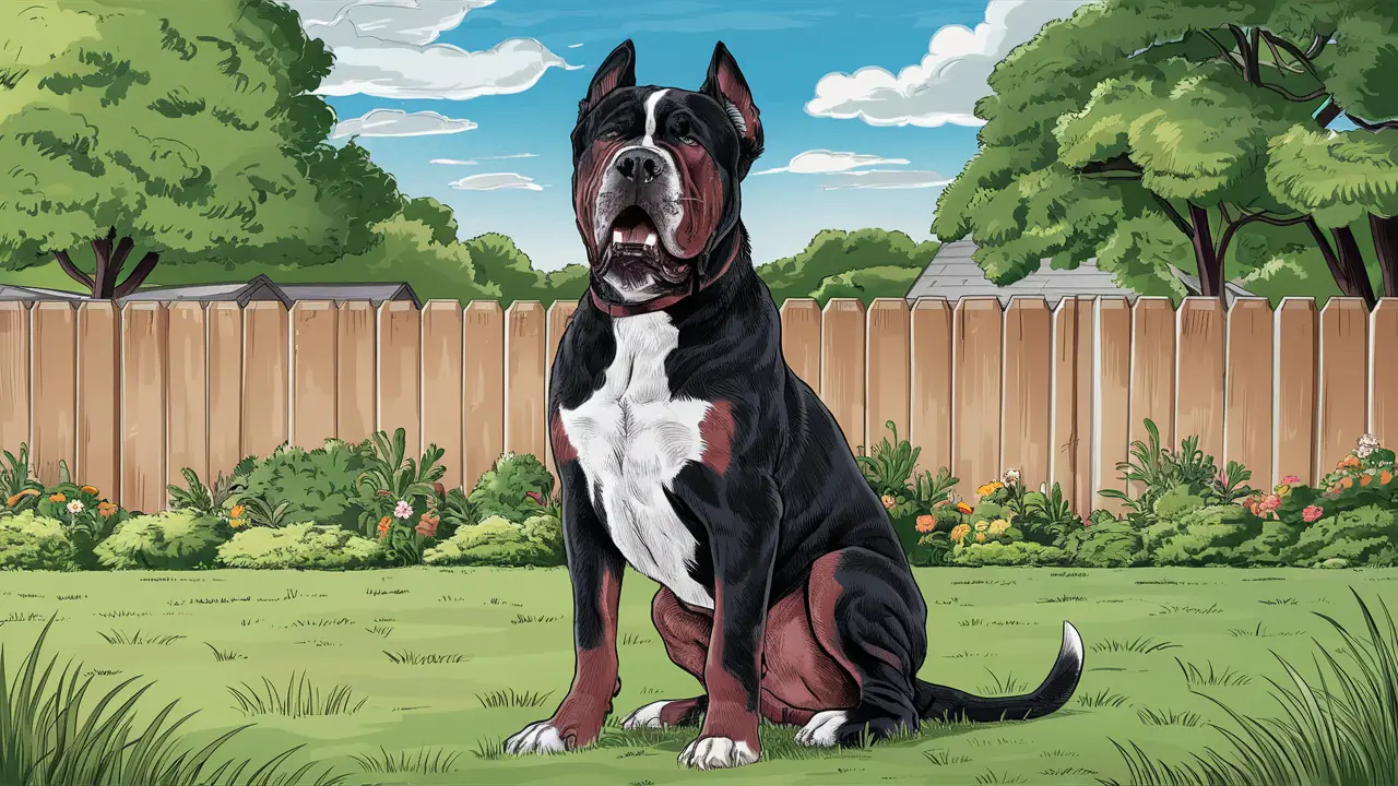 Cão Cane Corso sentado em um quintal suburbano com grama verde, cercado por flores coloridas sob um céu azul claro.