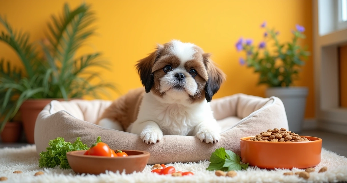 Shih Tzu on a cozy dog bed surrounded by healthy foods and toys in a sunny, vibrant room.