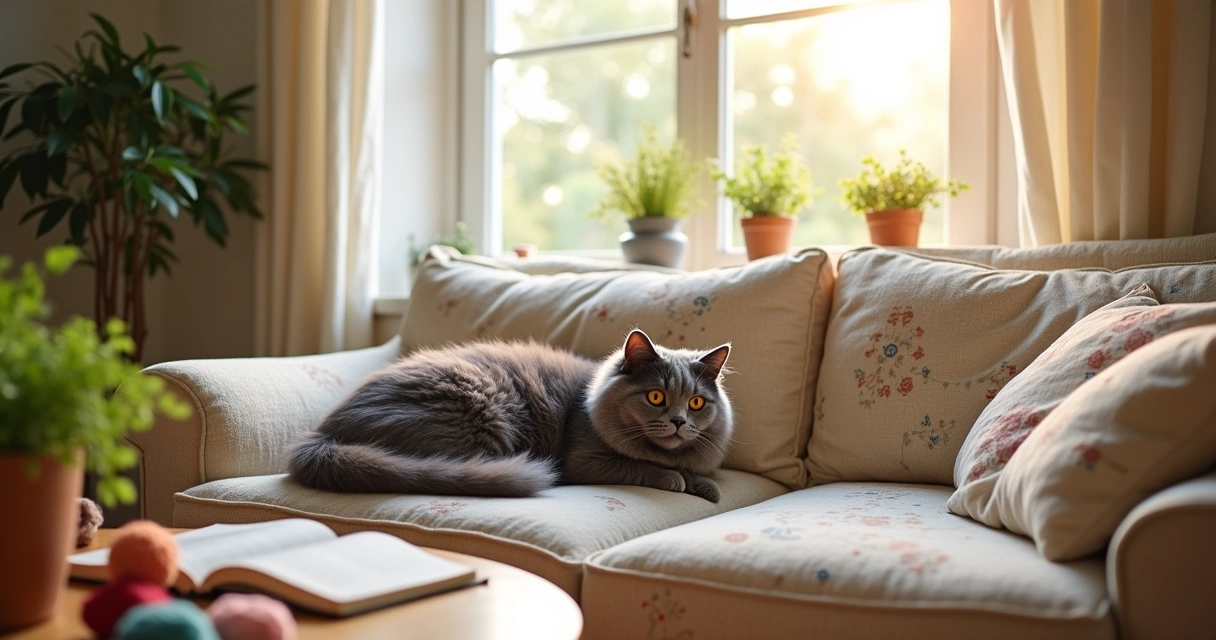 Gato de Pelo Curto Inglês relaxando em um sofá claro em um ambiente acolhedor e ensolarado.