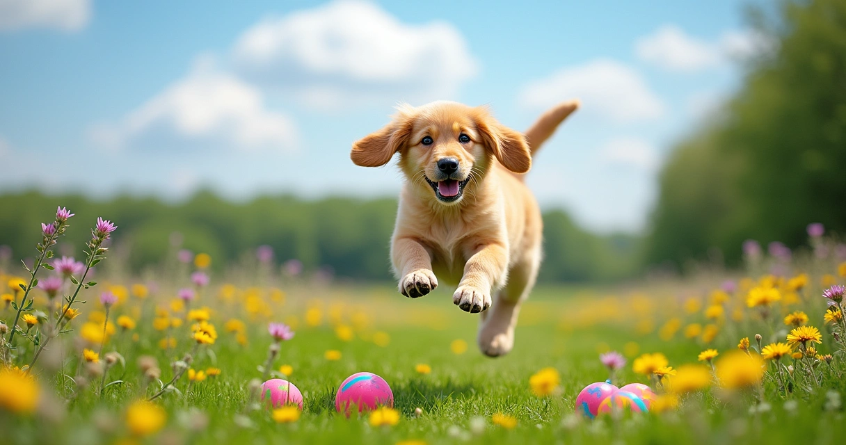Golden Retriever puppy joyfully jumping in a green park with colorful wildflowers and a blue sky.