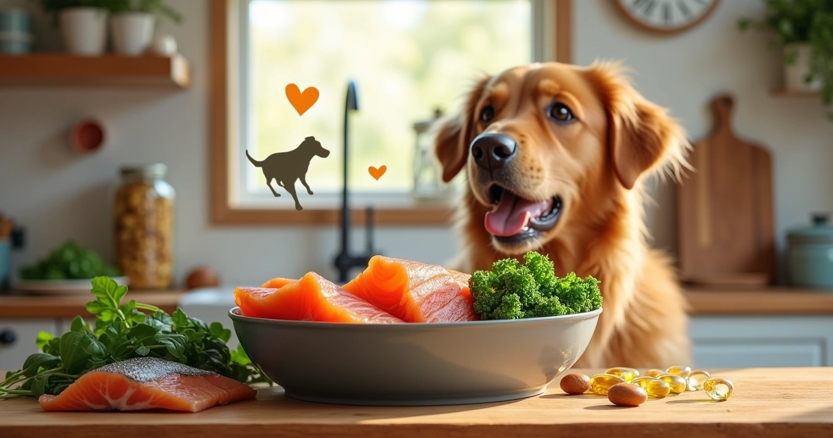Bowl of fresh fish on a kitchen counter with dog observing, emphasizing fish benefits in canine diet.