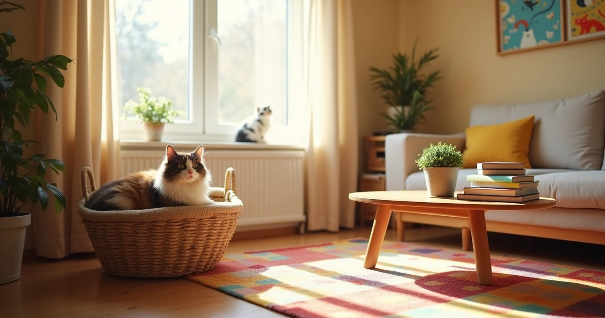Sala de estar aconchegante com um gato calico relaxando em uma cesta tecida.