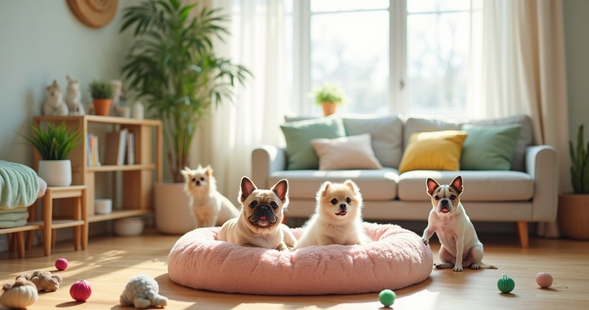 Salão de estar aconchegante com cama para cachorro e pequenos cães brincando, luz natural entrando pela janela.